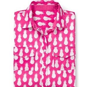 Talbots Pineapple Shirt Blouse Women M Petite Pink White Button-Up Long Sleeve